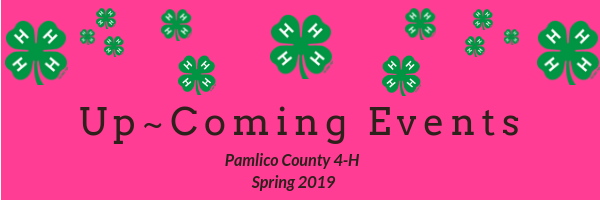 Pink Banner with 4-H Clovers scattered across the top. Reading: Up~ Coming Events, Pamlico County 4-H Spring 2019