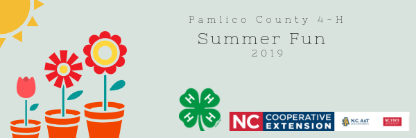 Pamlico County 4-H Summer Fun 2019: This banner depicts three graphic flowers in pots, with a graphic sun overhead. The 4-H Clover, and N.C. Cooperative Extension Logo are on the bottom right.