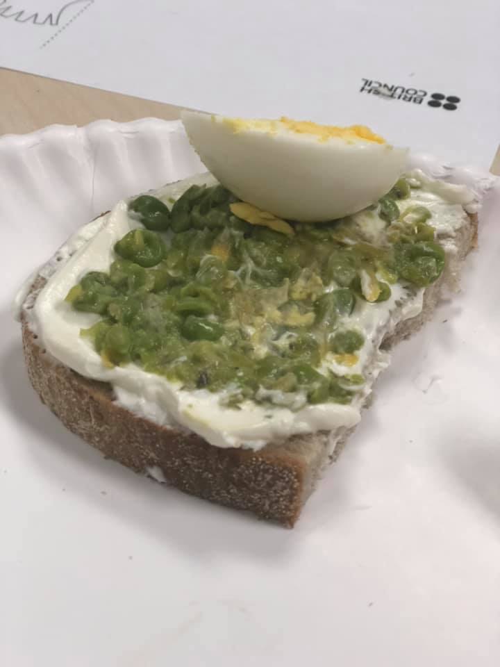 Polish Open Faced Sandwich: with creme fresh, peas, and hard boiled egg