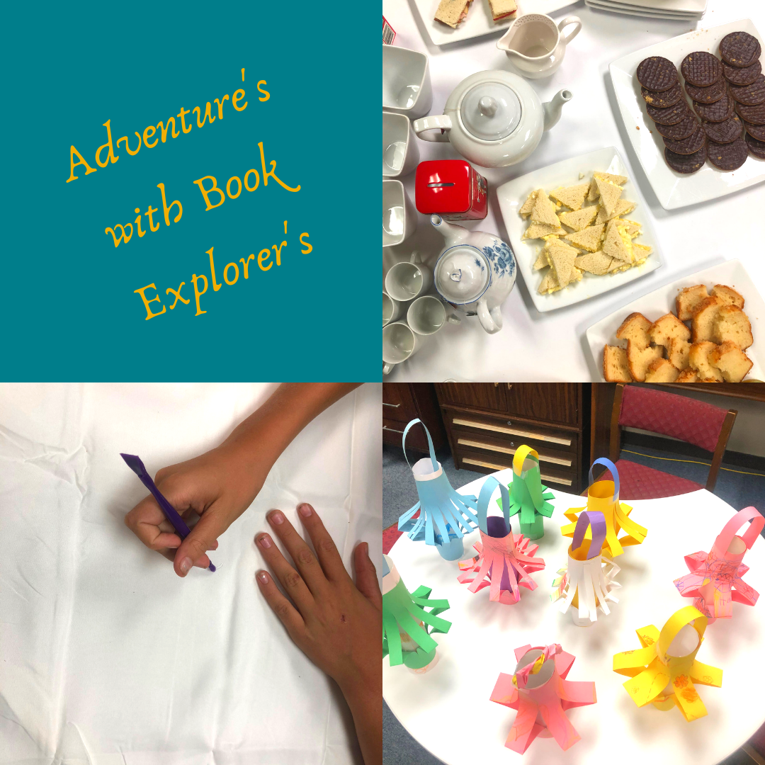 Book Explorer's Collage: Child painting fabric for adire dying; Chinese Paper Lanterns; Afternoon Tea