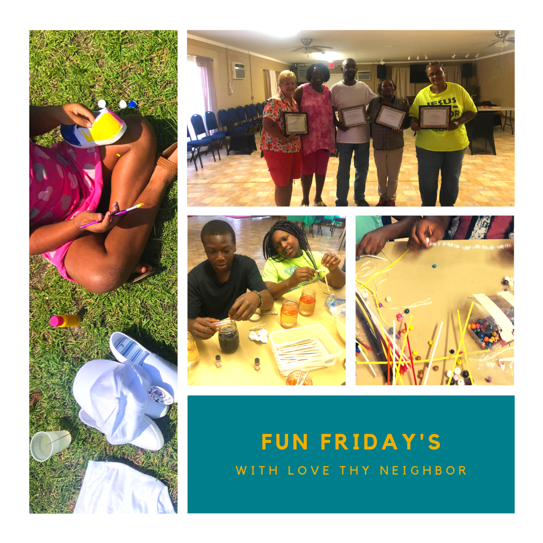 Photo Collage: Fun Friday's, Child painting shoe, Volunteers, Children making rock candy, children make braclets