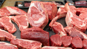 Raw beef on a butcher shop shelf