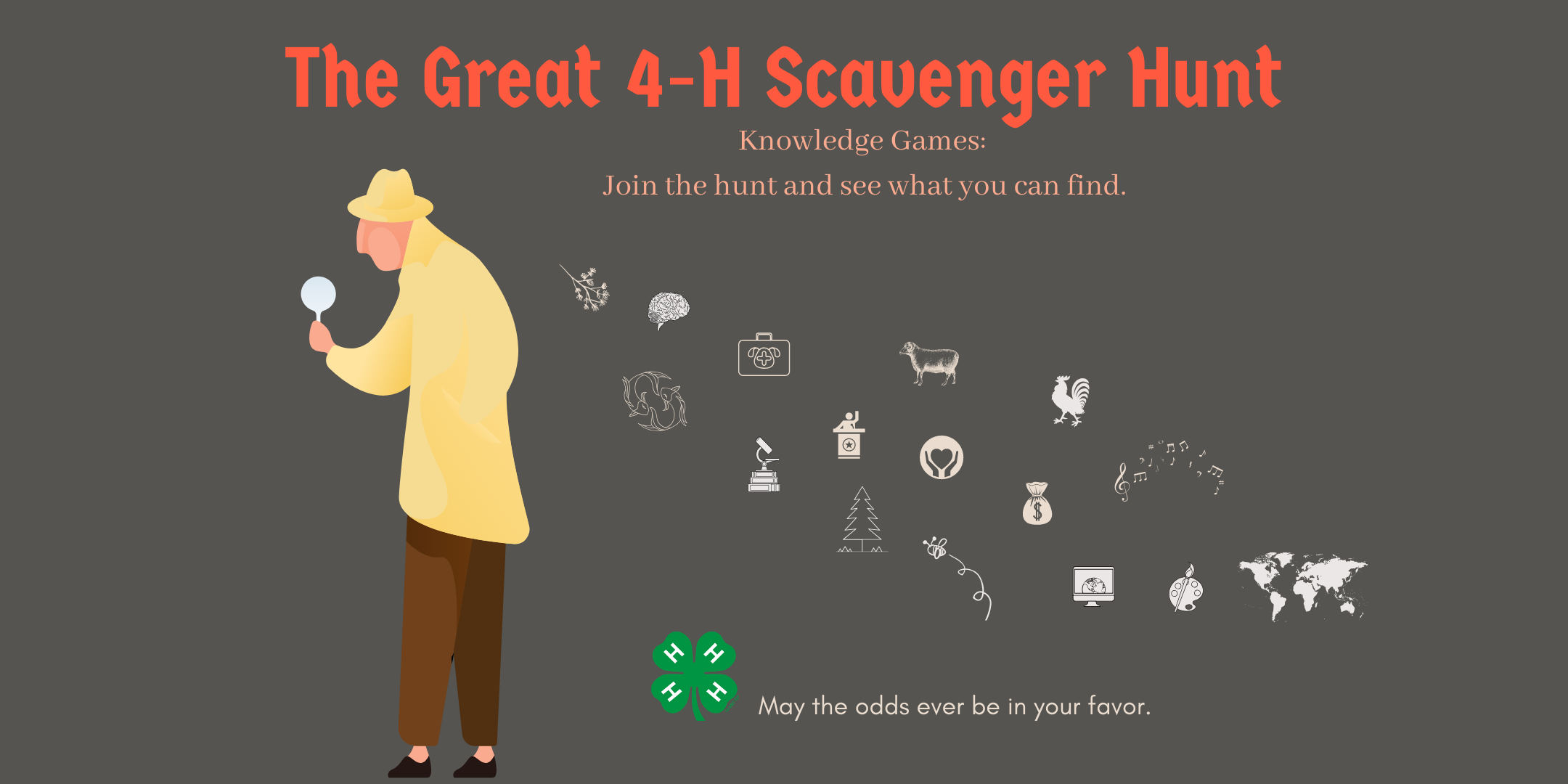 The Great 4-H Scavenger Hunt, Knowledge Games: Join the Hunt and See what you can find, A detective in a yellow hat and coat walks away while images of the scavenger hunt float behine