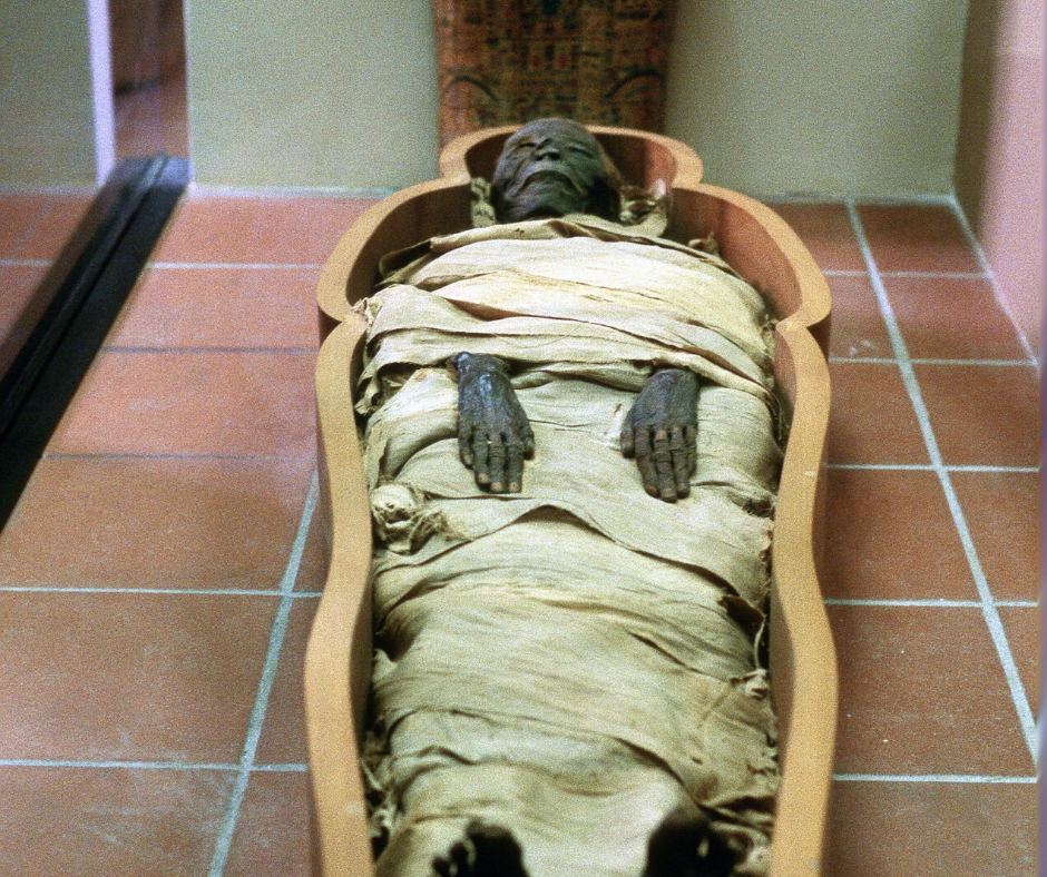 Open sarcophagus of Egyptian mummy with mummy inside