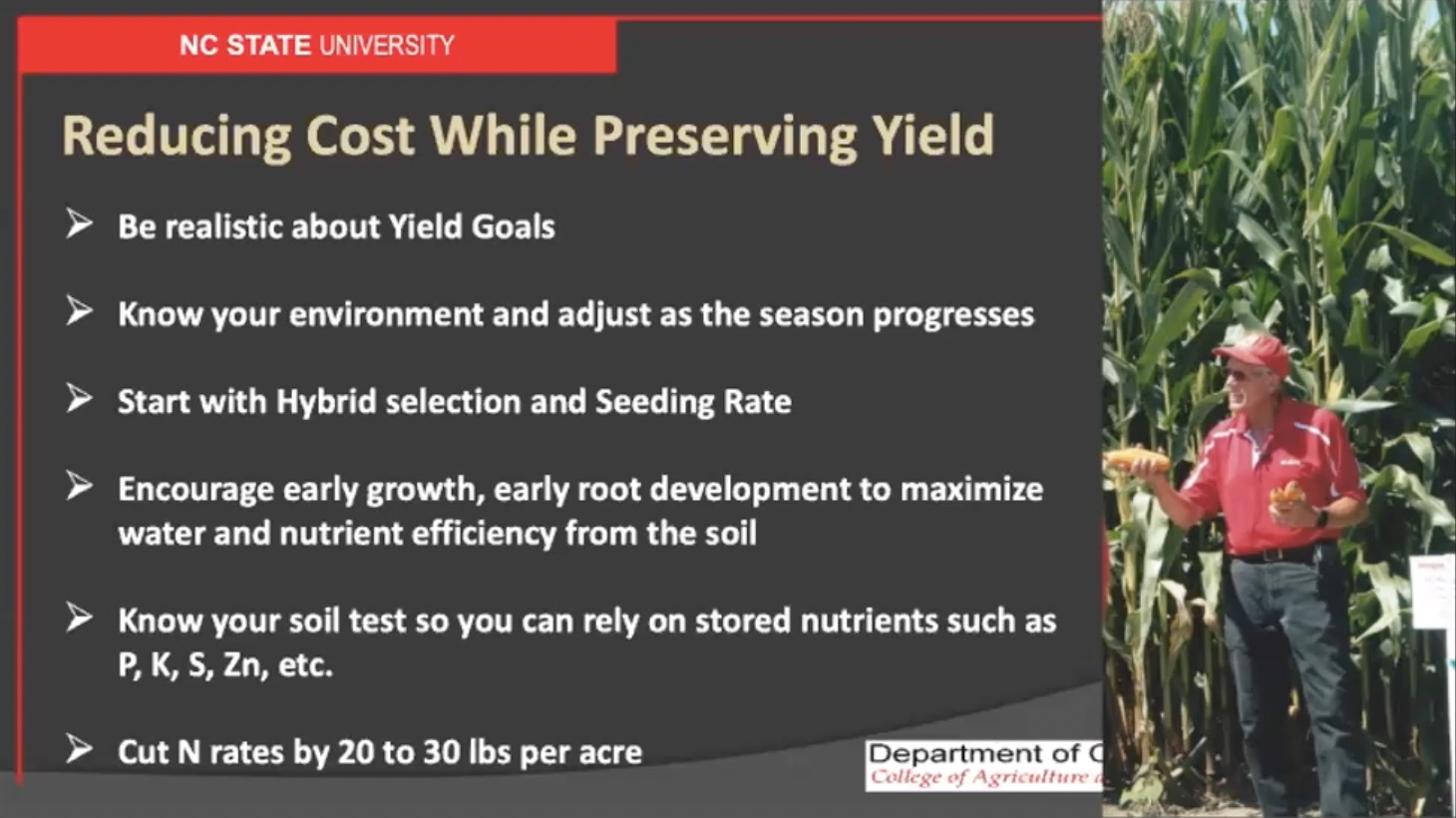 PowerPoint about reducing costs while preserving yield in corn