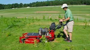 man pushing lawn mower