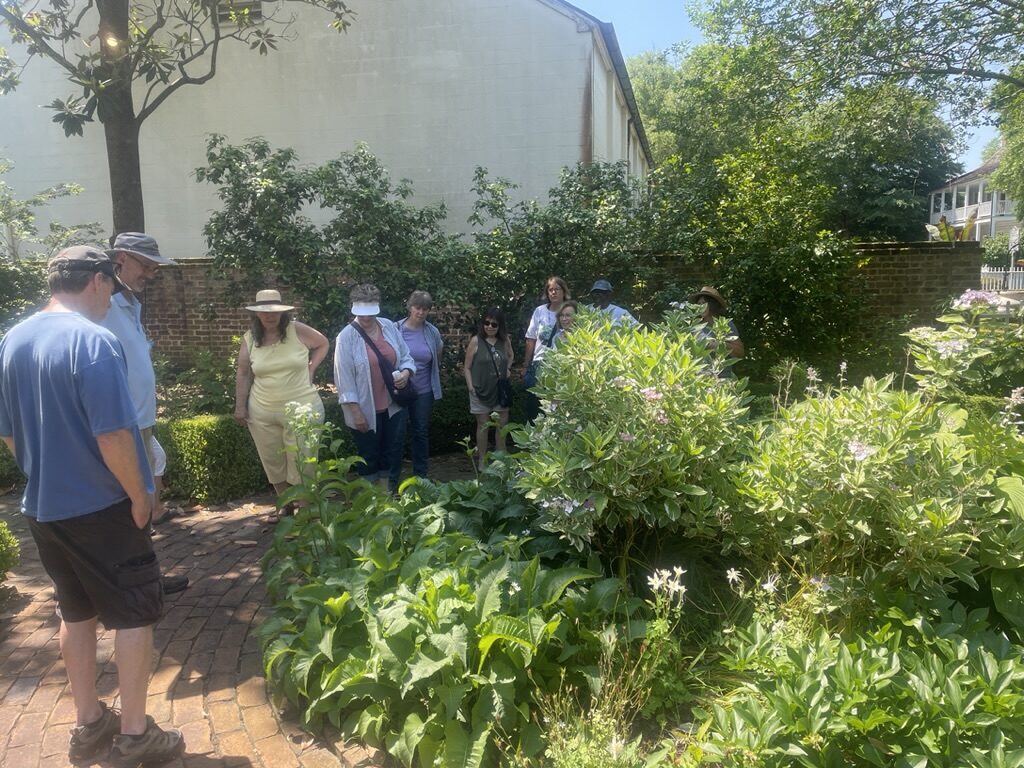 Pamlico 2024 Master Gardener class graduates in Tryon Palace gardens looking at historical plants