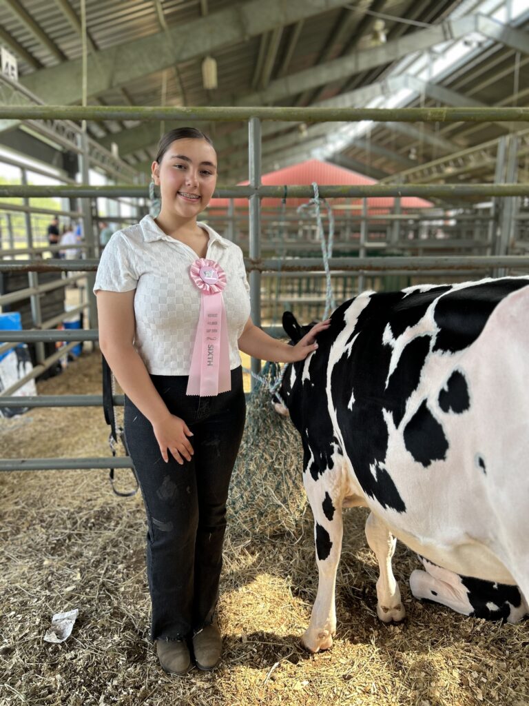 Sabella Rodgers standing beside her dairy calf and holding her sixth place ribbon