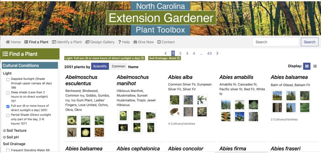 Screenshot of the Extension Gardener Plant Toolbox website showing the Find a Plant feature with search filters and a list of plants as an example of how to use the tool.